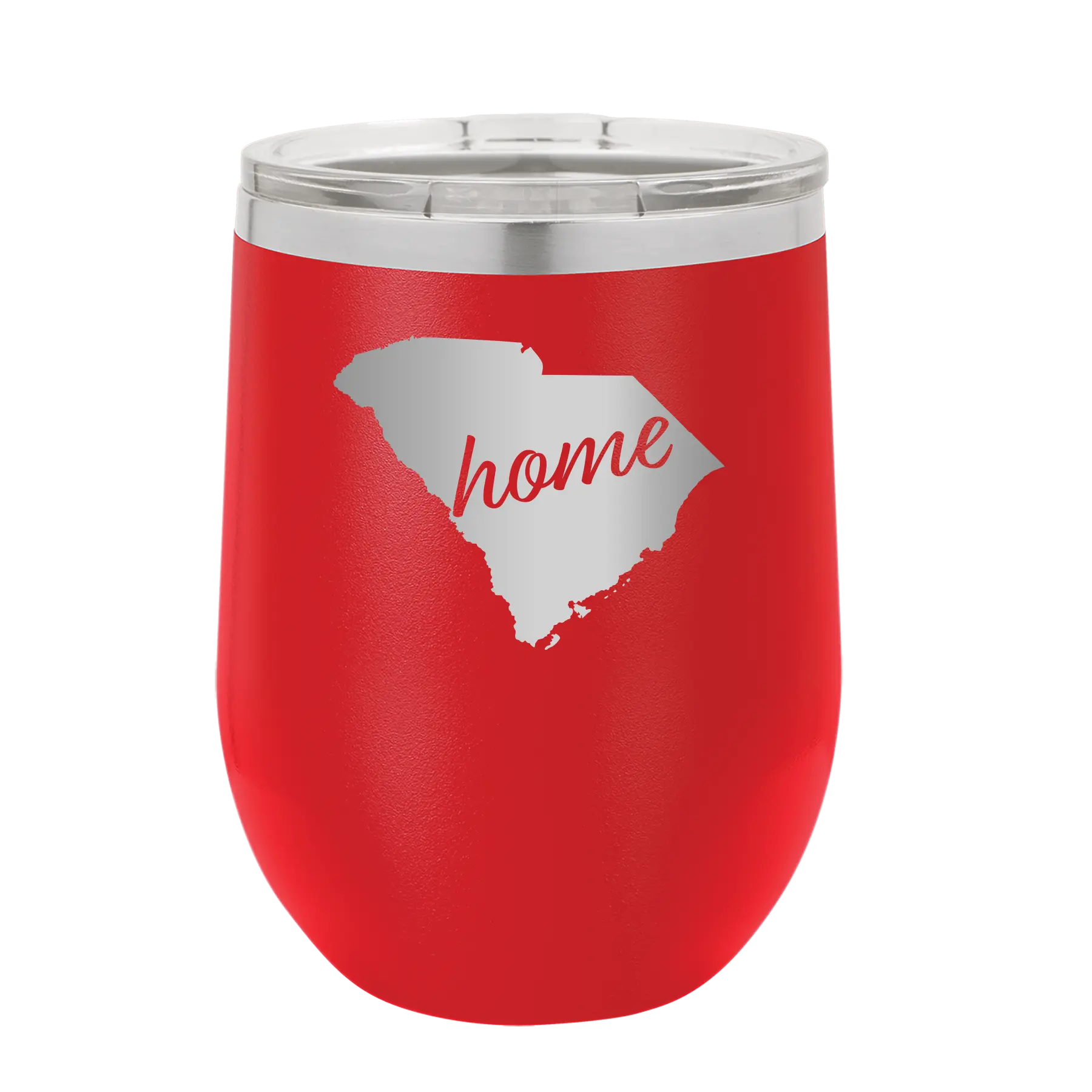 Laser etched red 12 oz vacuum insulated wine cup with 'South Carolina Home' design