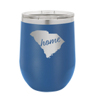 Laser etched royal blue 12 oz vacuum insulated wine cup with 'South Carolina Home' design