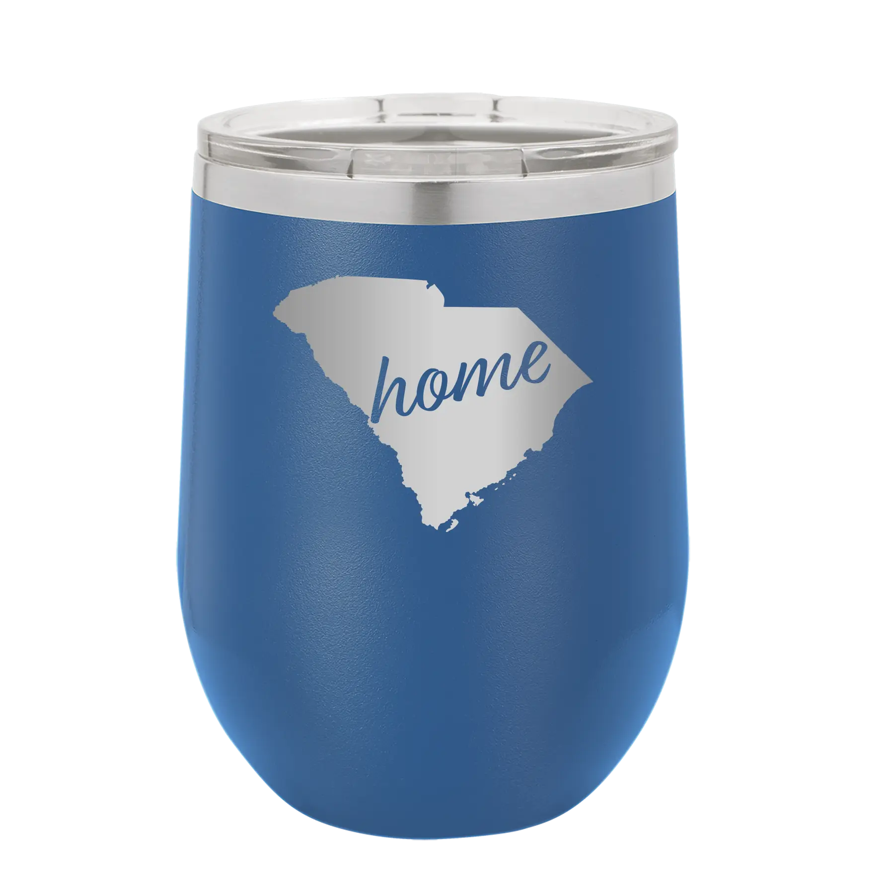 Laser etched royal blue 12 oz vacuum insulated wine cup with 'South Carolina Home' design