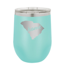 Laser etched teal 12 oz vacuum insulated wine cup with 'South Carolina Home' design