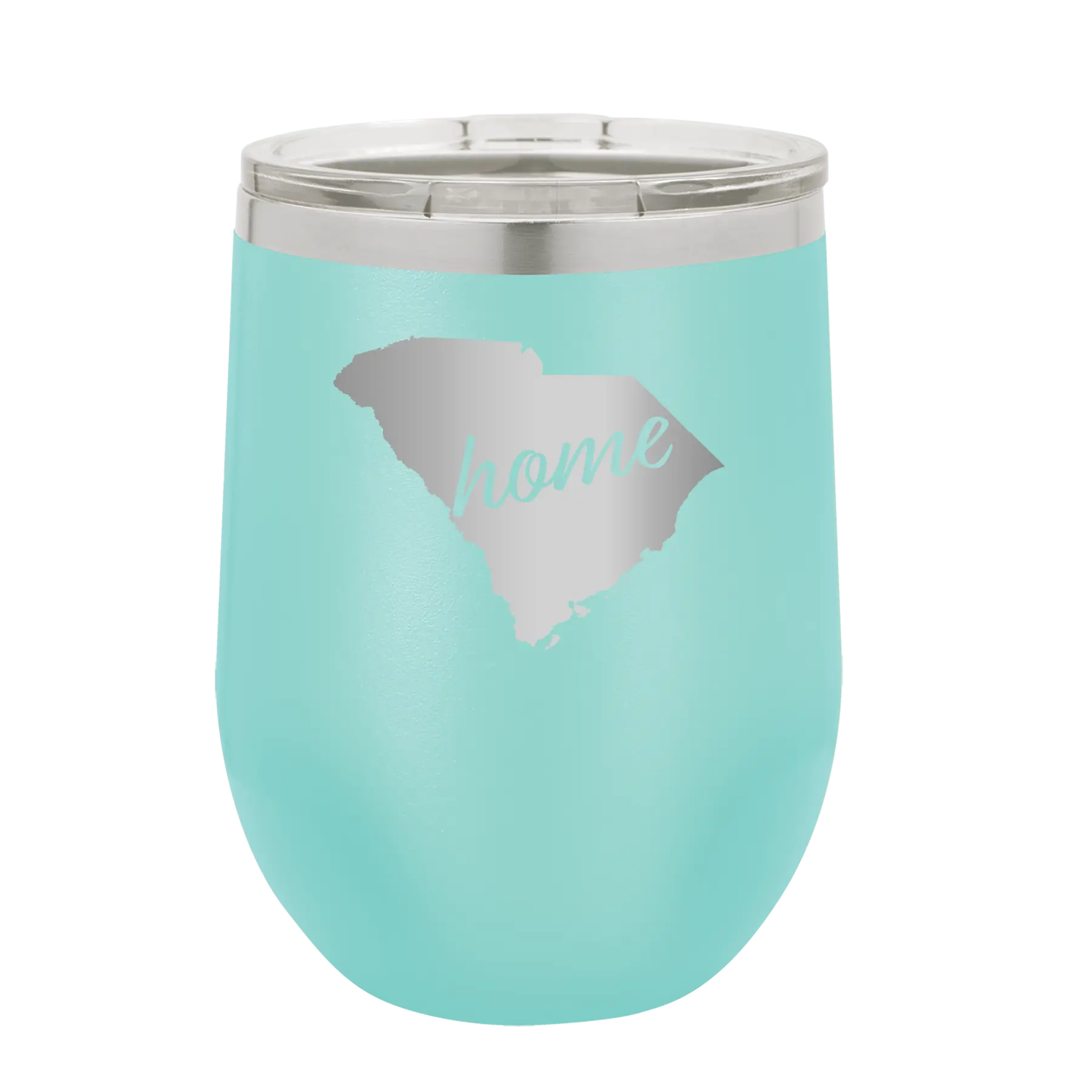 Laser etched teal 12 oz vacuum insulated wine cup with 'South Carolina Home' design