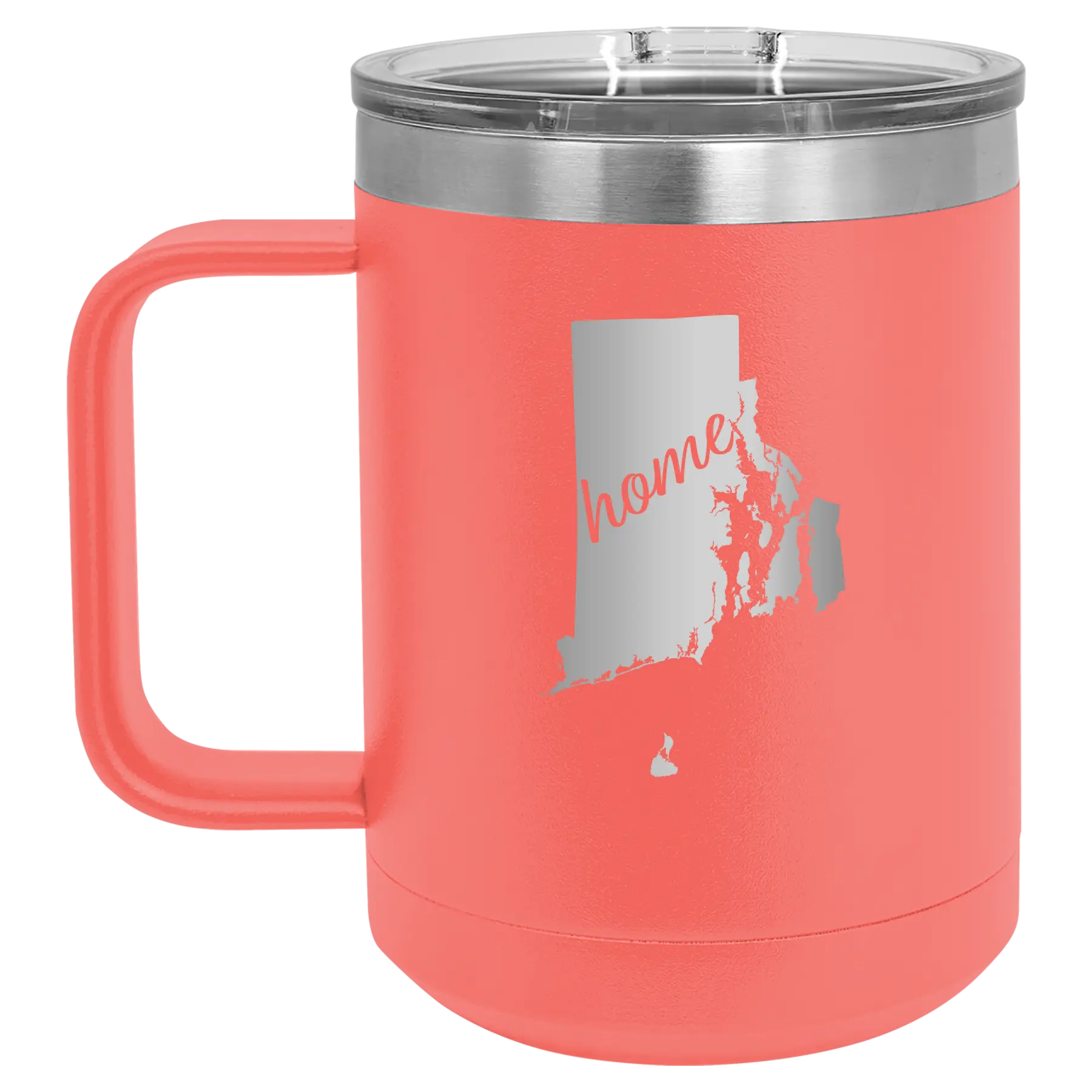 Laser etched coral 15 oz vacuum insulated coffee mug with 'Rhode Island Home' design