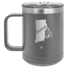 Laser etched dark gray 15 oz vacuum insulated coffee mug with 'Rhode Island Home' design