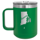 Laser etched green 15 oz vacuum insulated coffee mug with 'Rhode Island Home' design