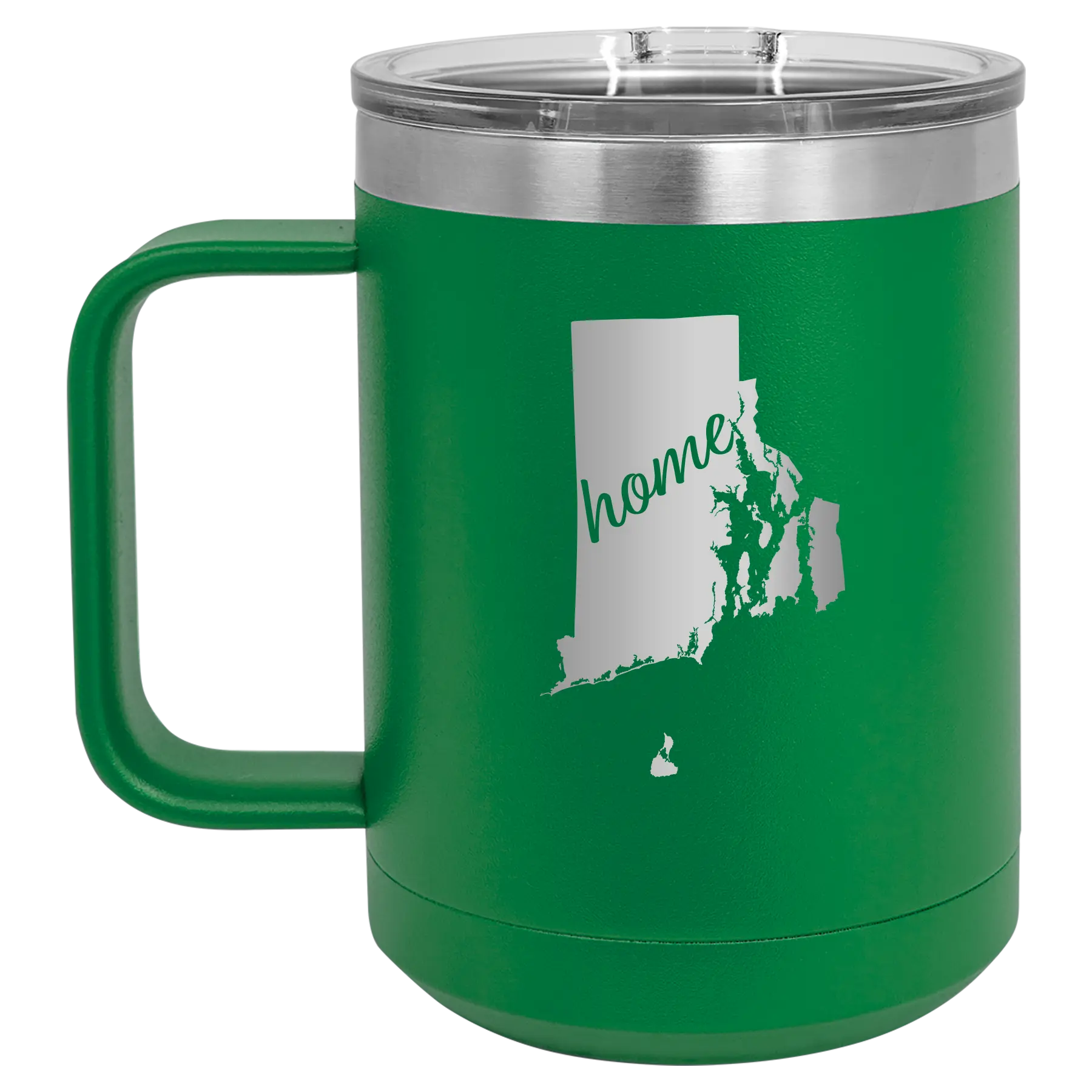 Laser etched green 15 oz vacuum insulated coffee mug with 'Rhode Island Home' design