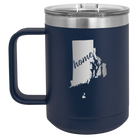 Laser etched navy 15 oz vacuum insulated coffee mug with 'Rhode Island Home' design
