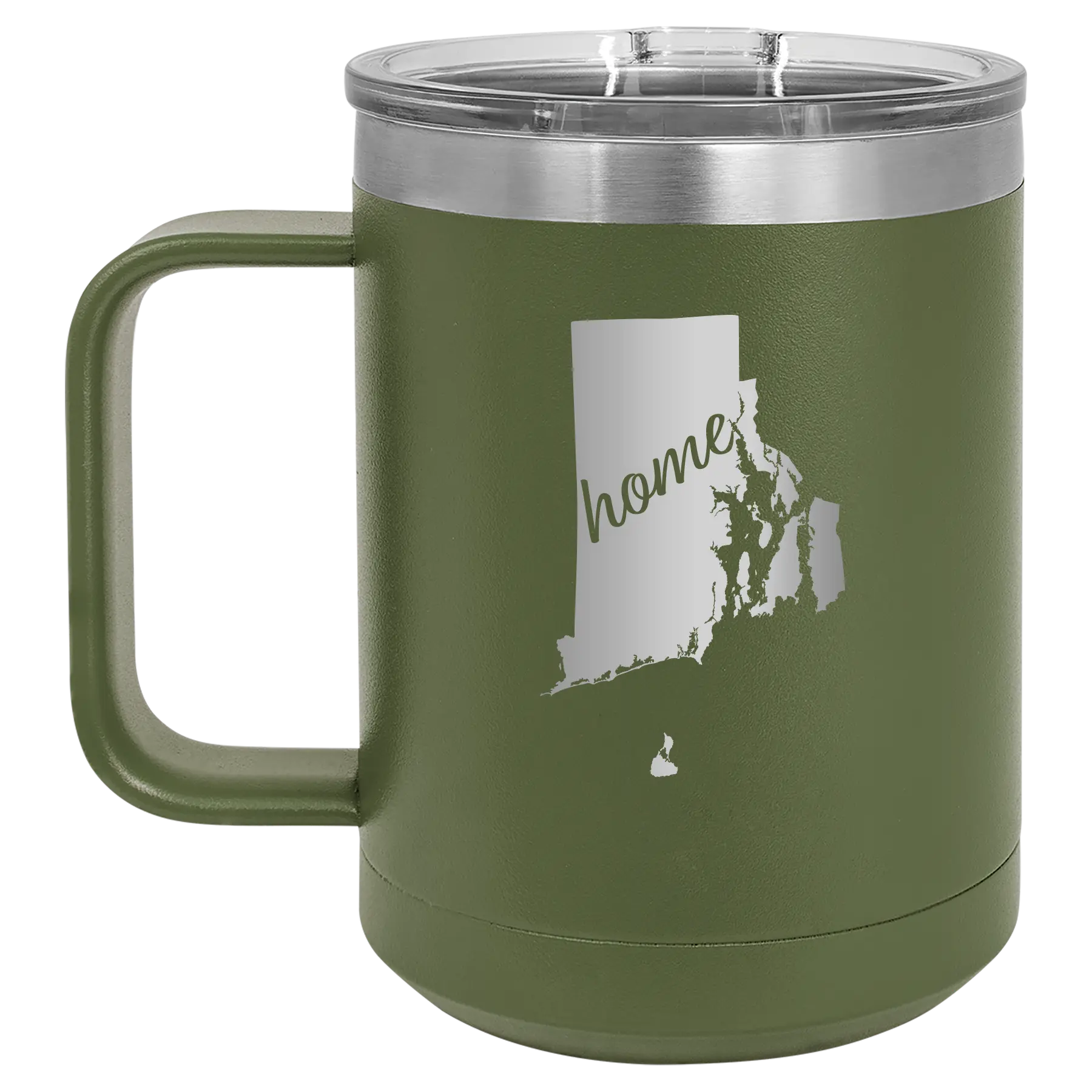 Laser etched olive green 15 oz vacuum insulated coffee mug with 'Rhode Island Home' design