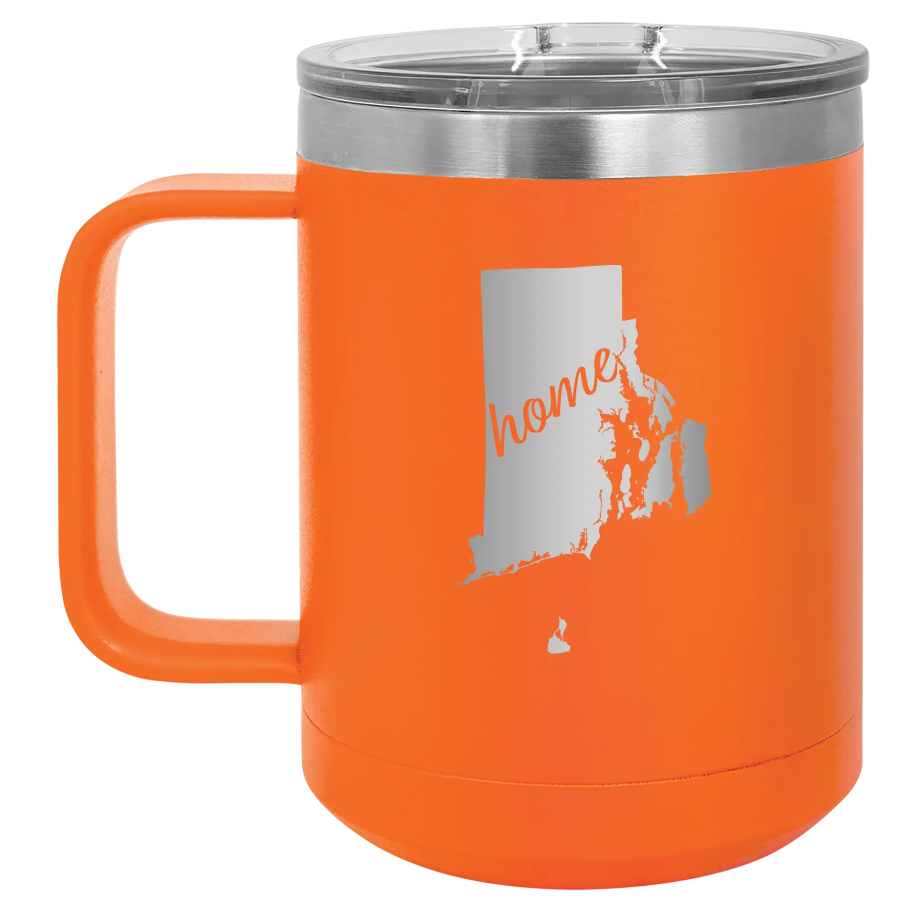 Laser etched orange 15 oz vacuum insulated coffee mug with 'Rhode Island Home' design