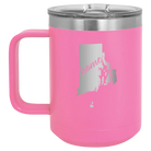 Laser etched pink 15 oz vacuum insulated coffee mug with 'Rhode Island Home' design