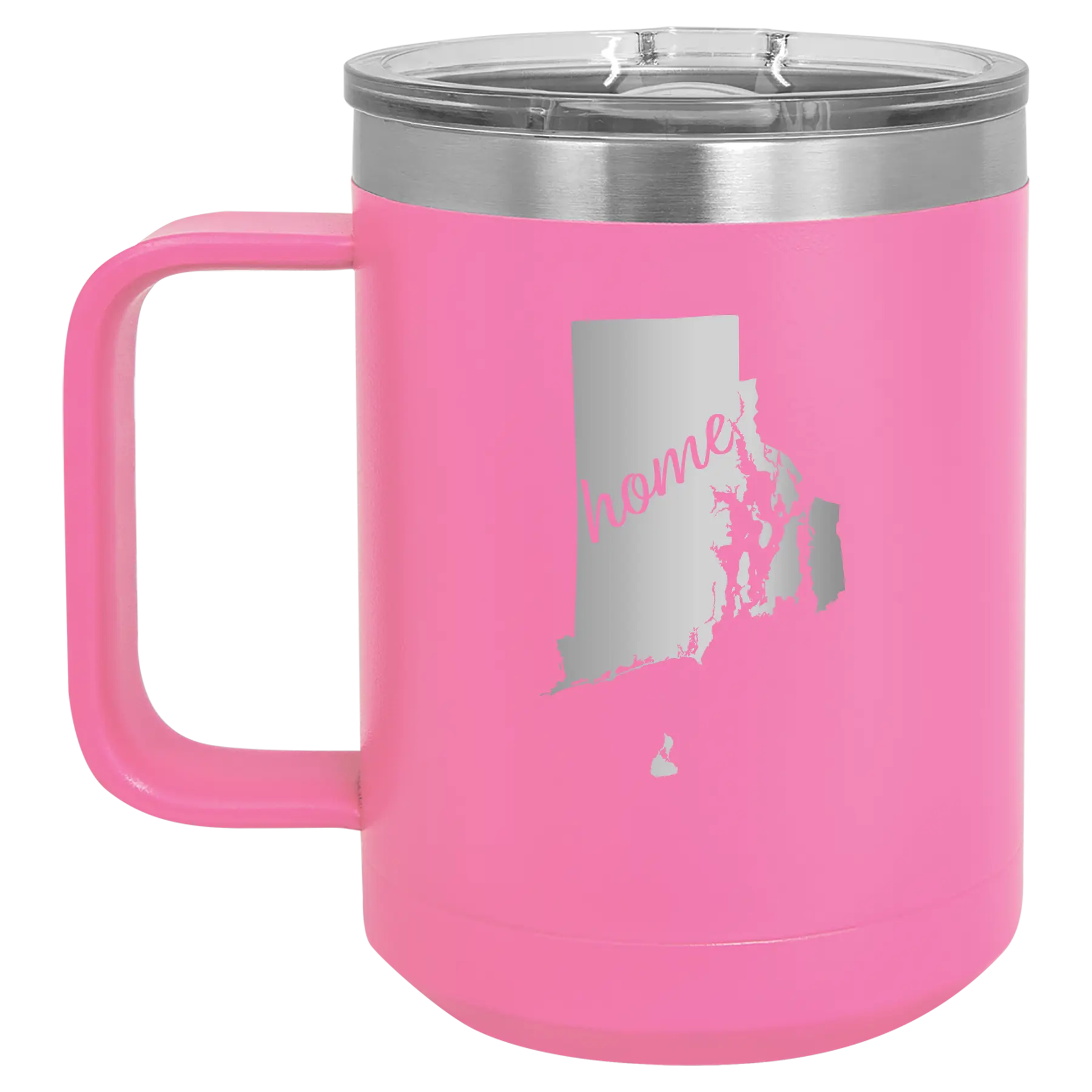 Laser etched pink 15 oz vacuum insulated coffee mug with 'Rhode Island Home' design
