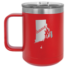 Laser etched red 15 oz vacuum insulated coffee mug with 'Rhode Island Home' design