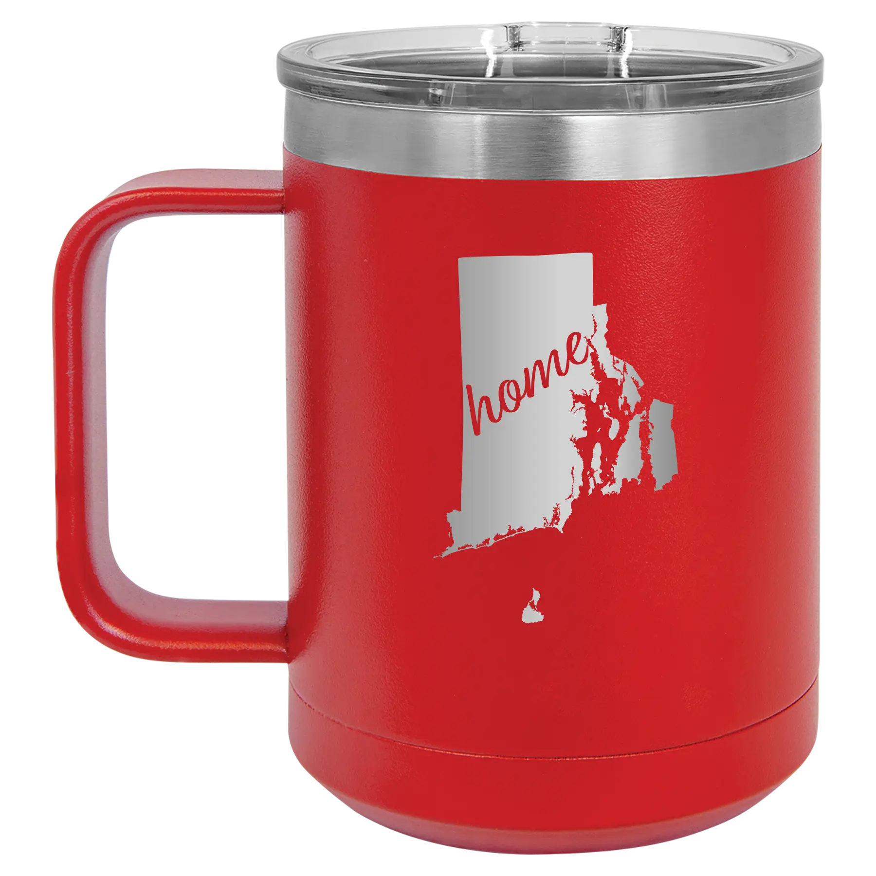 Laser etched red 15 oz vacuum insulated coffee mug with 'Rhode Island Home' design