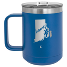 Laser etched royal blue 15 oz vacuum insulated coffee mug with 'Rhode Island Home' design