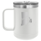 Laser etched white 15 oz vacuum insulated coffee mug with 'Rhode Island Home' design