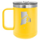 Laser etched yellow 15 oz vacuum insulated coffee mug with 'Rhode Island Home' design