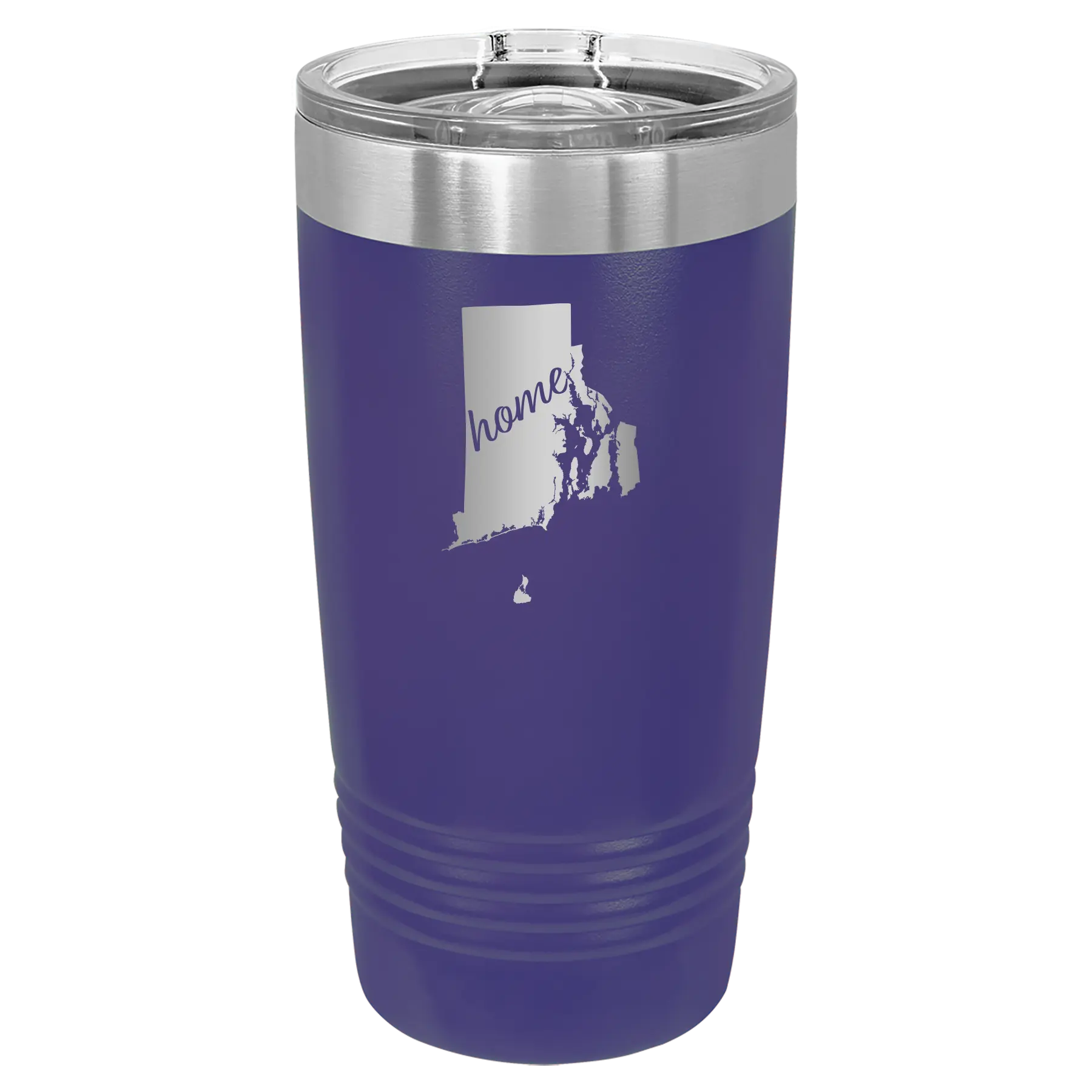 Laser etched purple 20 oz vacuum insulated tumbler with 'Rhode Island Home' design