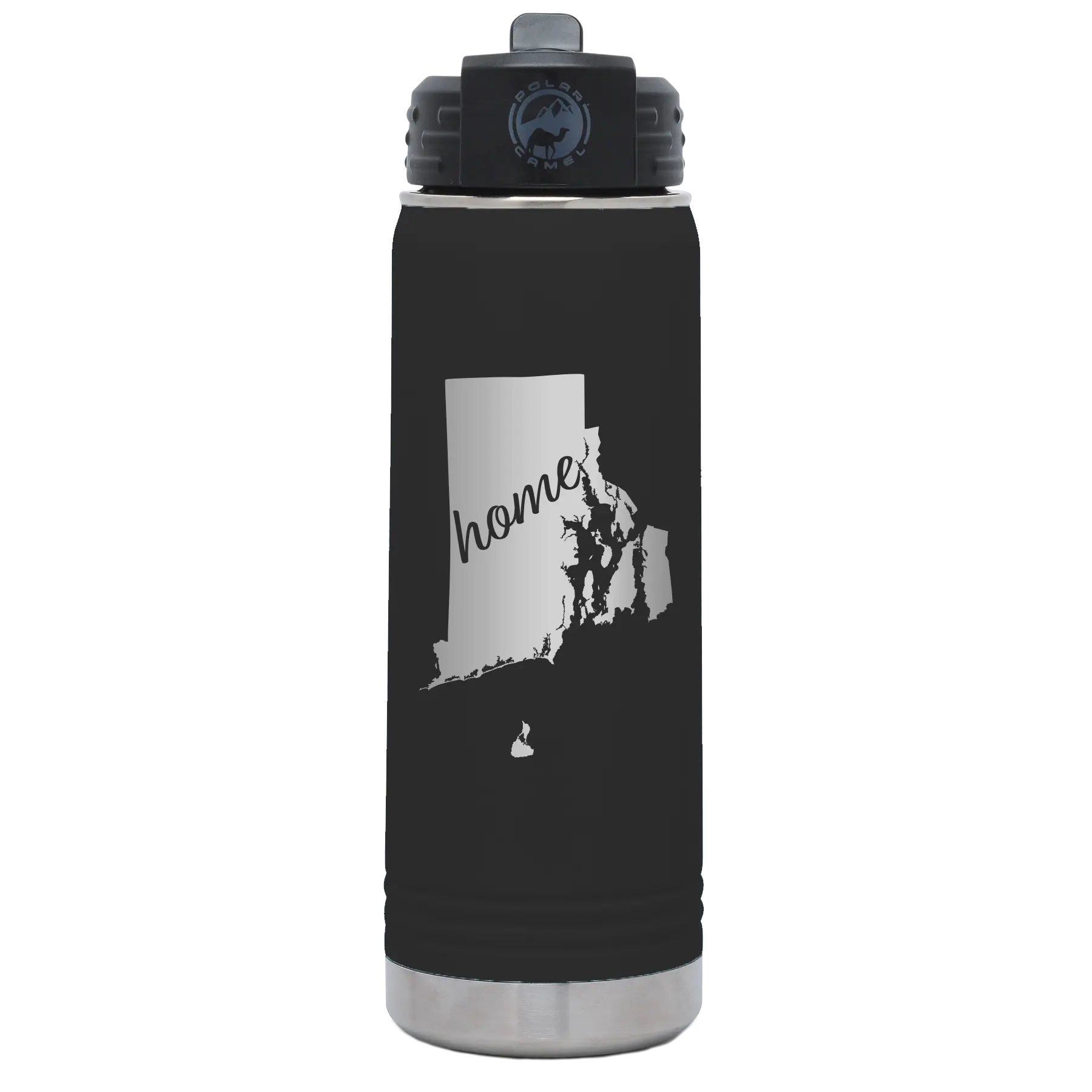 Laser etched black 20 oz vacuum insulated water bottle with 'Rhode Island Home' design