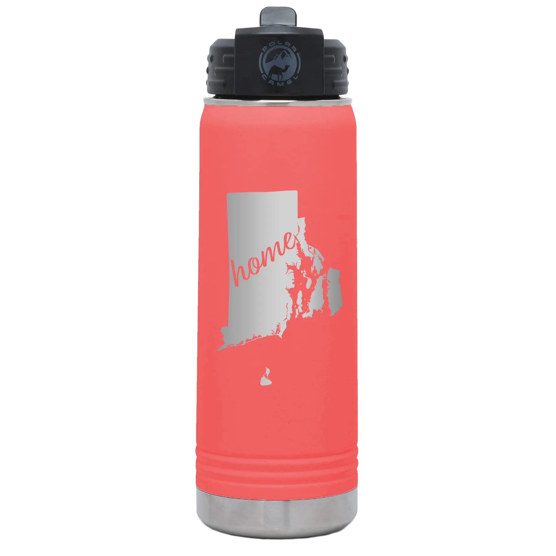Laser etched coral 20 oz vacuum insulated water bottle with 'Rhode Island Home' design