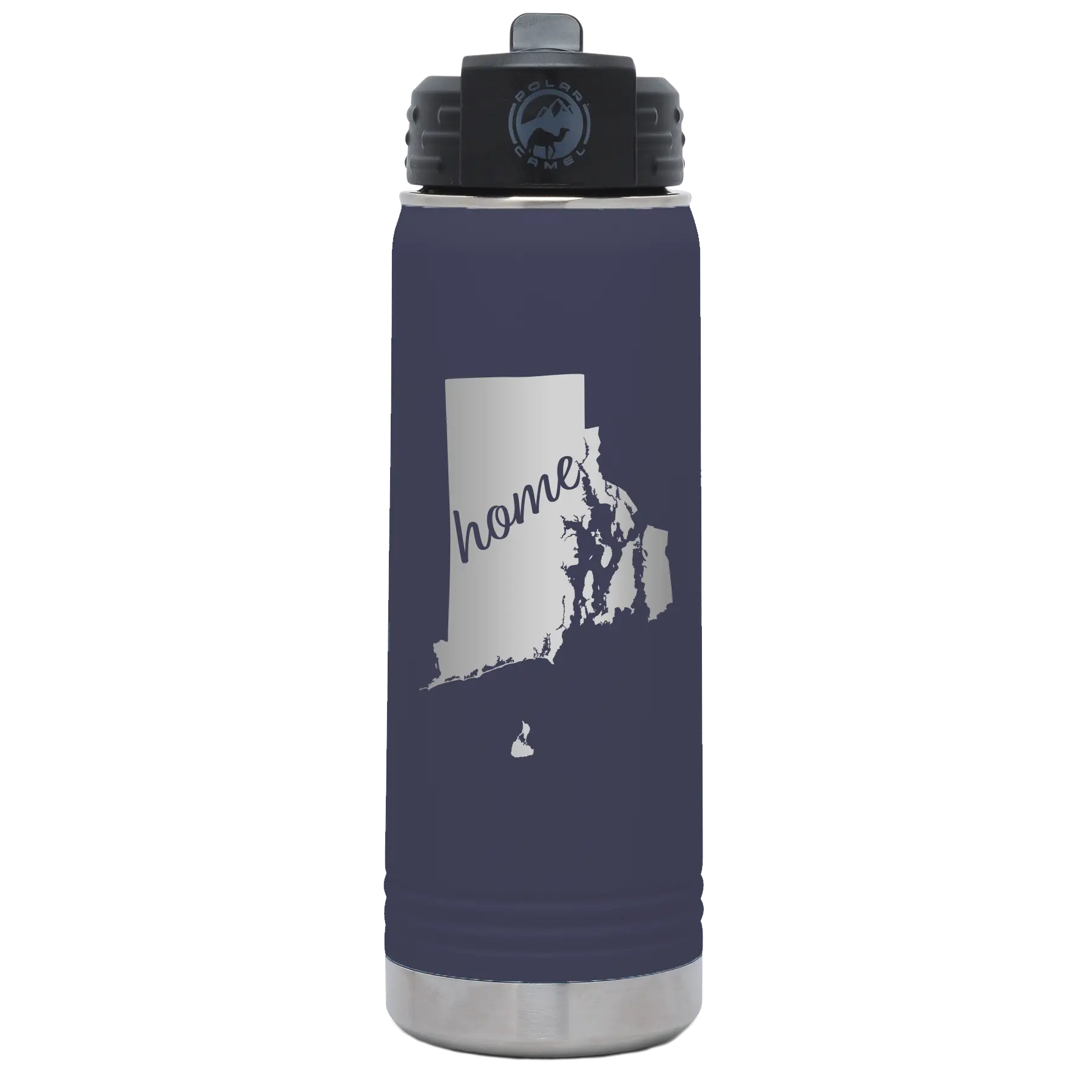 Laser etched navy 20 oz vacuum insulated water bottle with 'Rhode Island Home' design