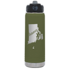Laser etched olive green 20 oz vacuum insulated water bottle with 'Rhode Island Home' design