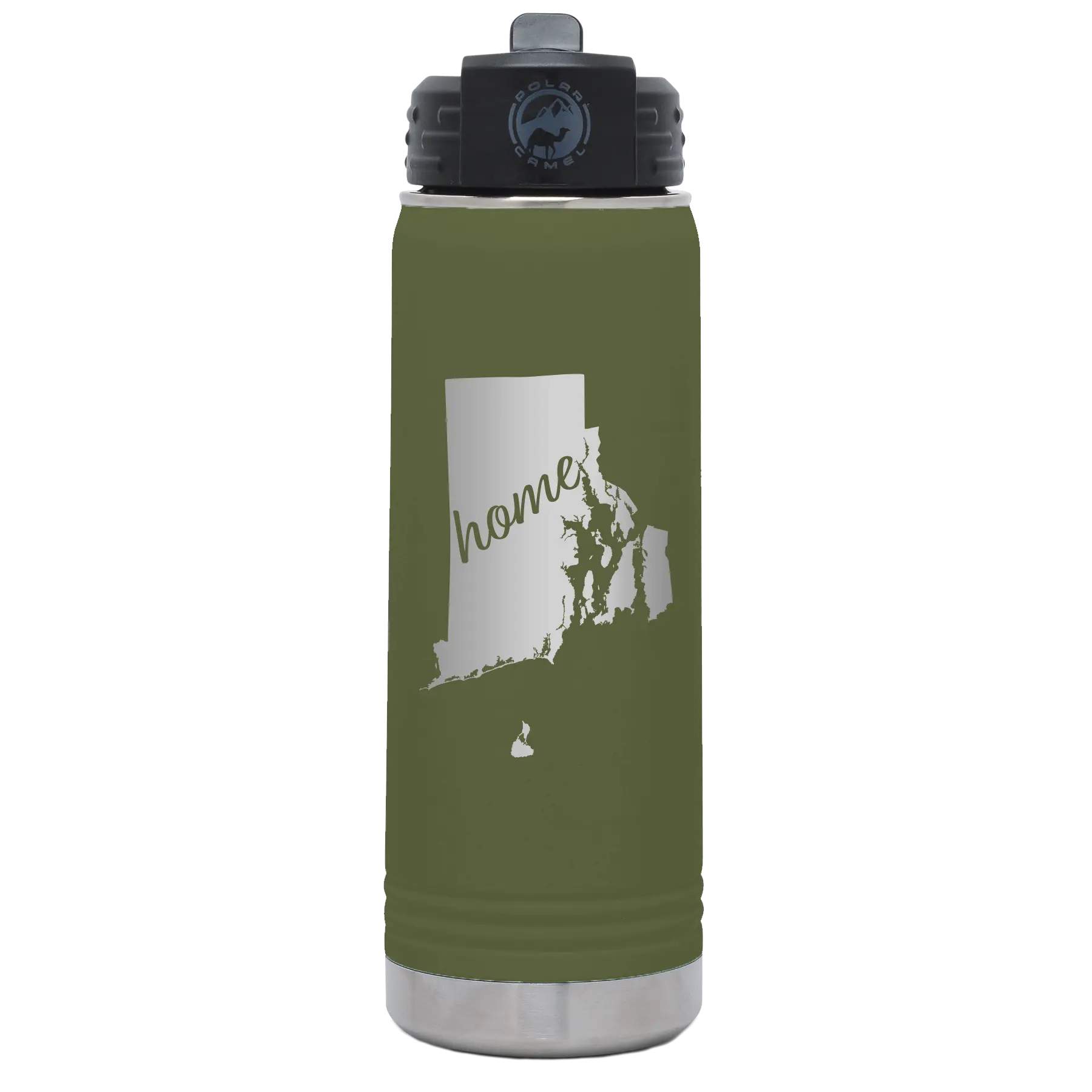 Laser etched olive green 20 oz vacuum insulated water bottle with 'Rhode Island Home' design