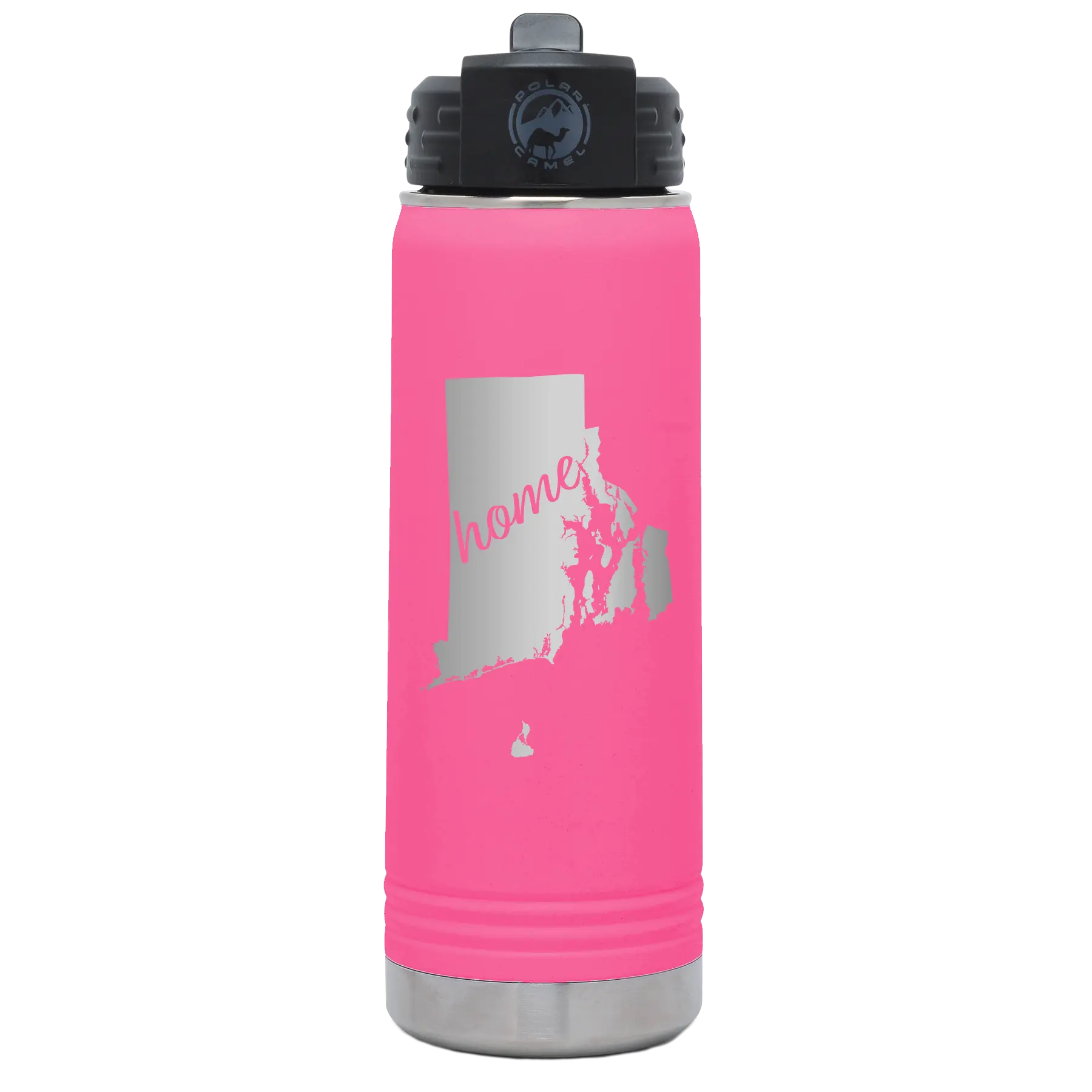 Laser etched pink 20 oz vacuum insulated water bottle with 'Rhode Island Home' design