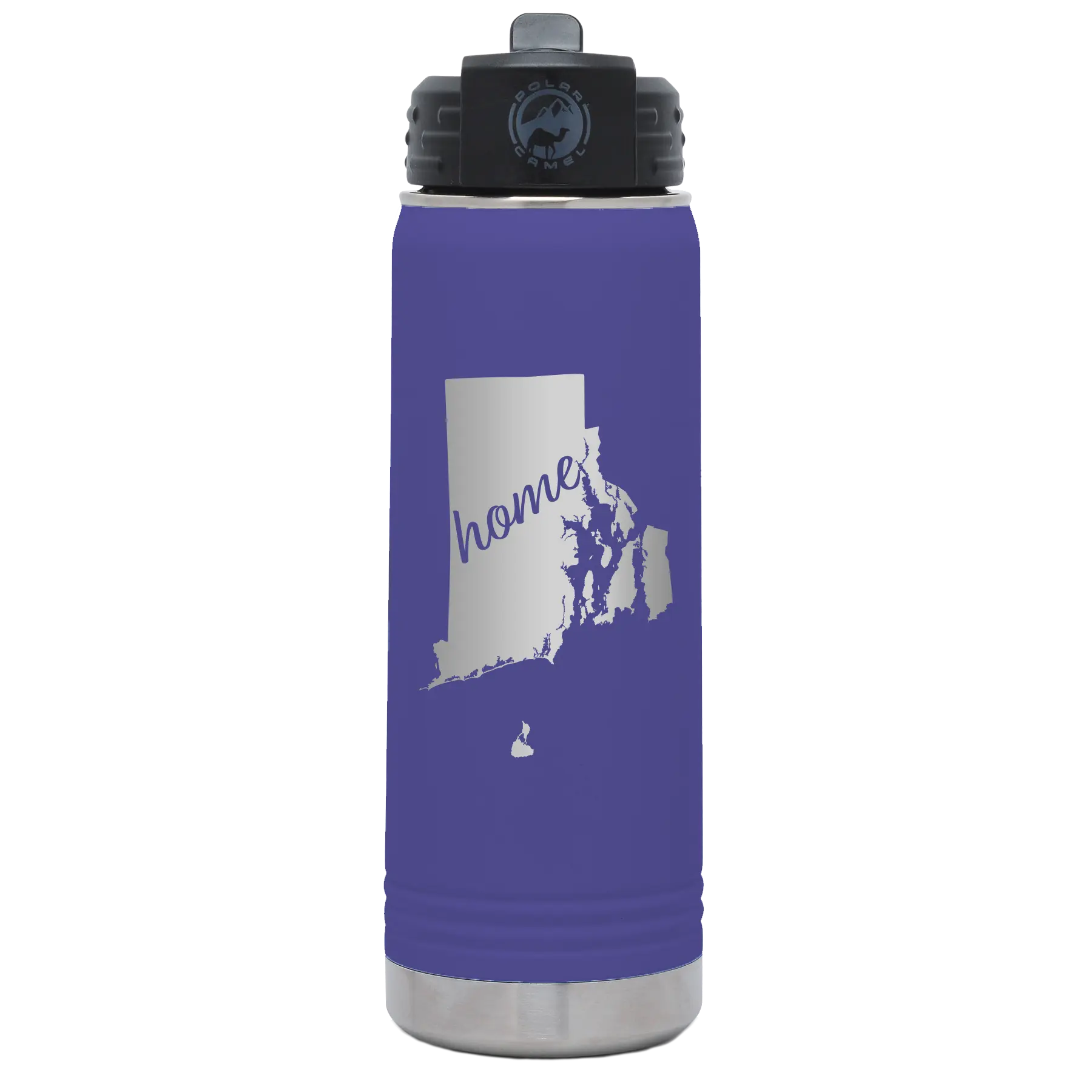 Laser etched purple 20 oz vacuum insulated water bottle with 'Rhode Island Home' design