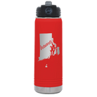 Laser etched red 20 oz vacuum insulated water bottle with 'Rhode Island Home' design