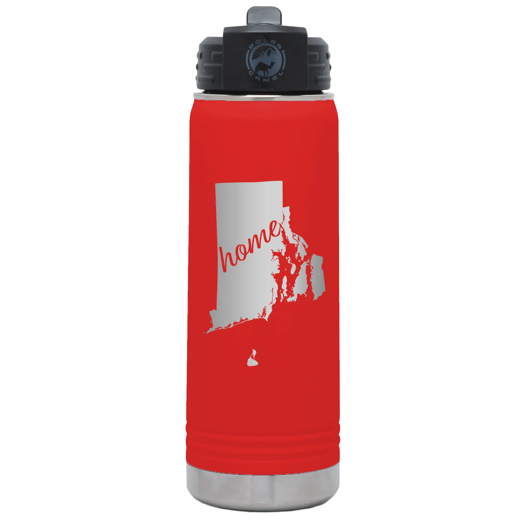 Laser etched red 20 oz vacuum insulated water bottle with 'Rhode Island Home' design