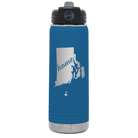 Laser etched royal blue 20 oz vacuum insulated water bottle with 'Rhode Island Home' design