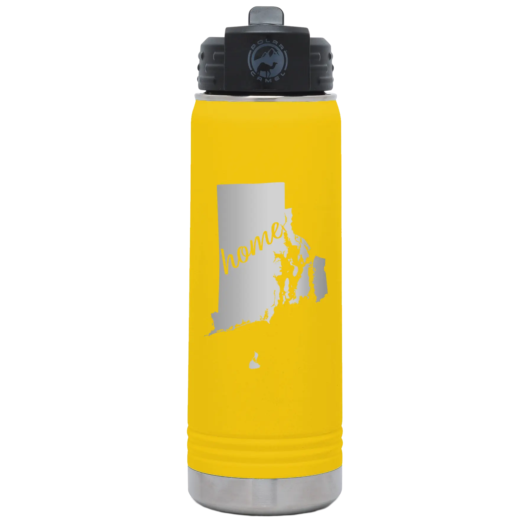 Laser etched yellow 20 oz vacuum insulated water bottle with 'Rhode Island Home' design