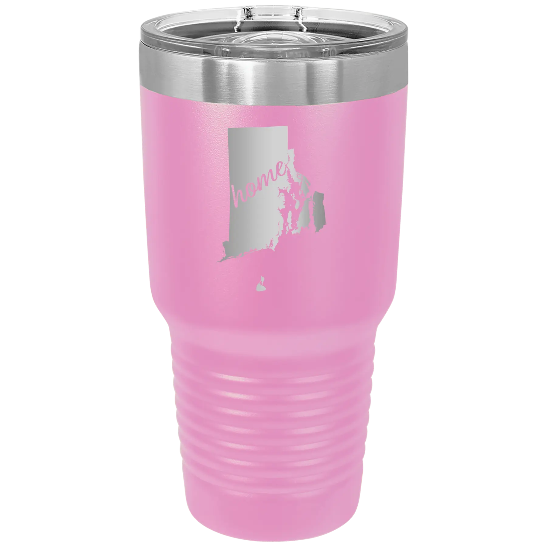 Laser etched light purple 30 oz vacuum insulated tumbler with 'Rhode Island Home' design