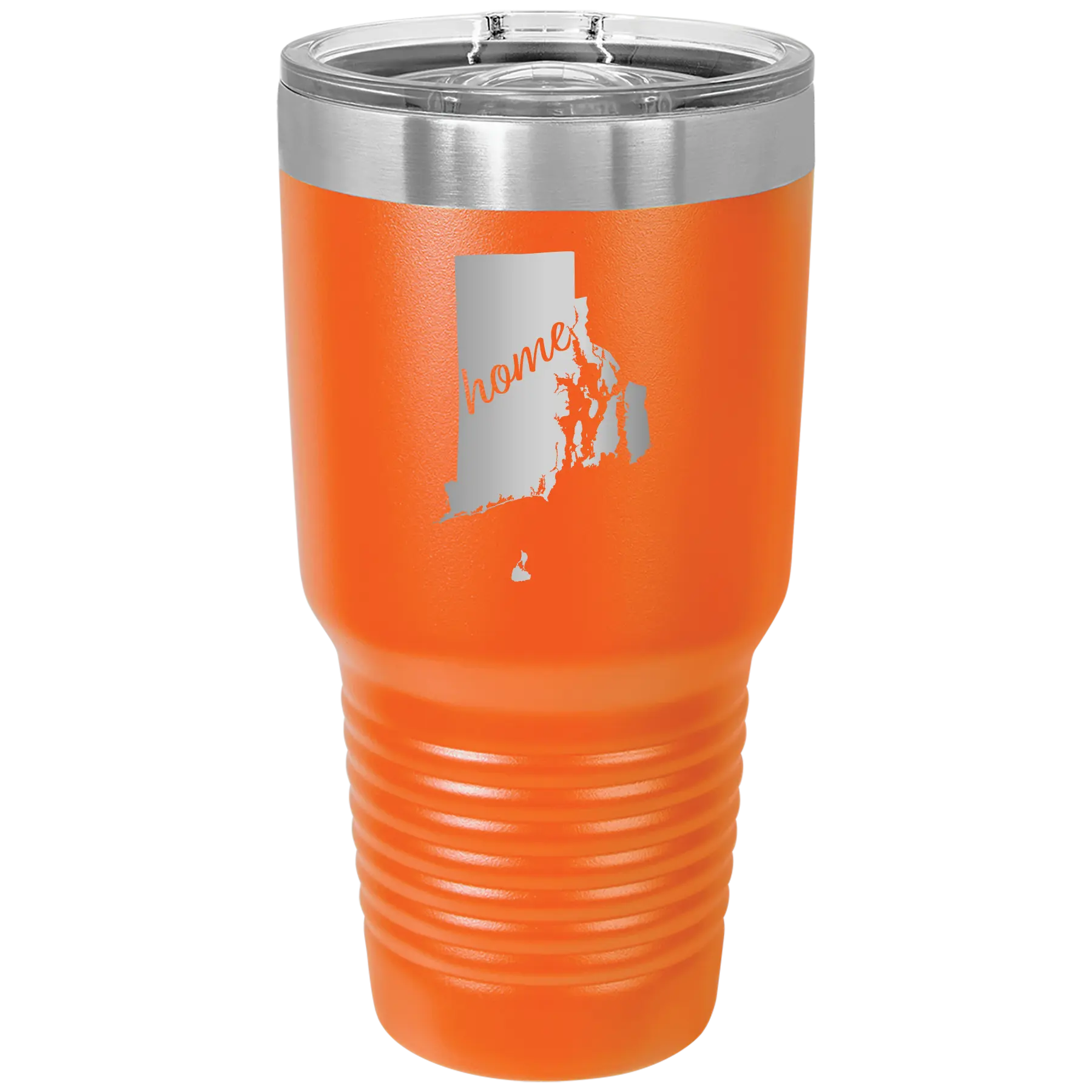 Laser etched orange 30 oz vacuum insulated tumbler with 'Rhode Island Home' design