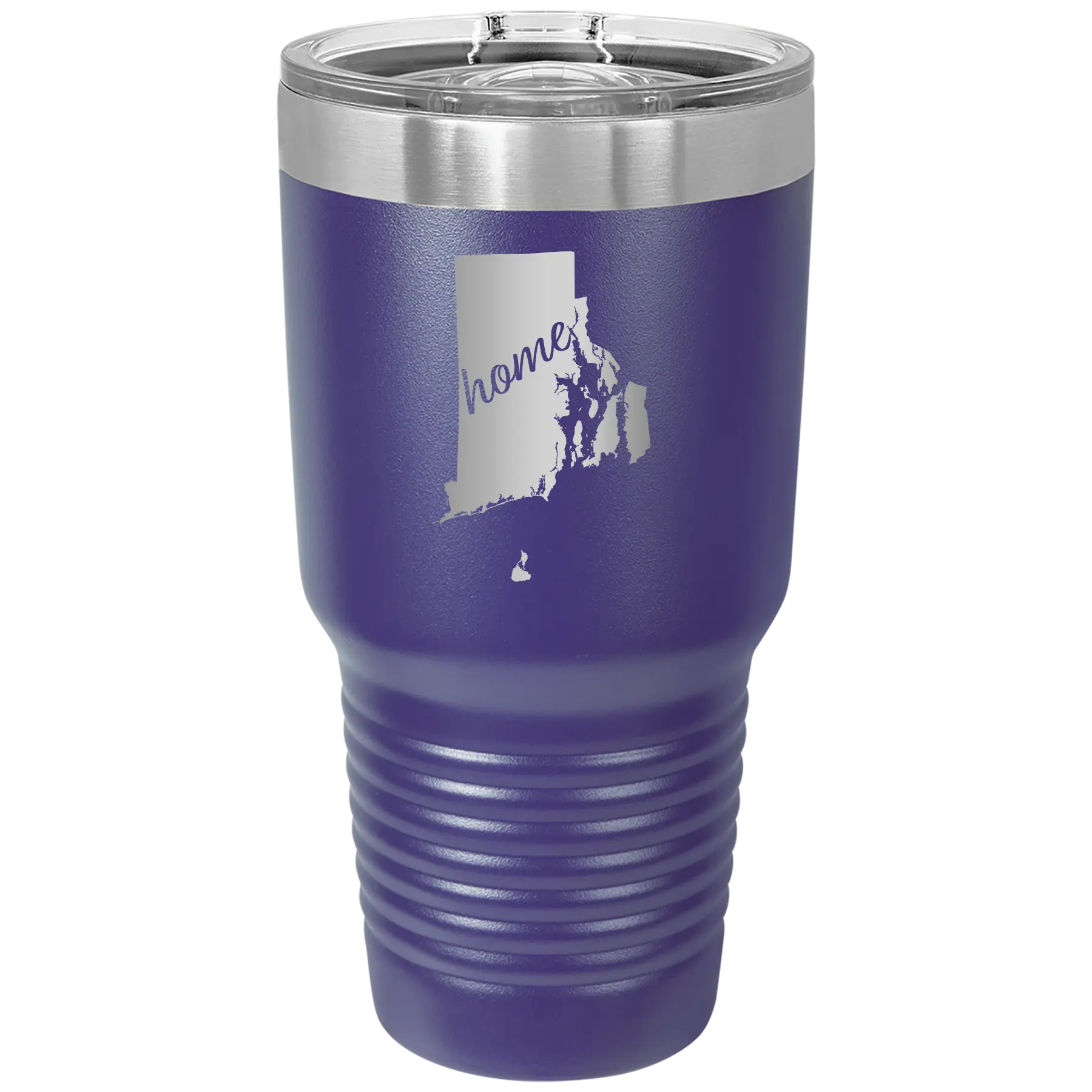 Laser etched purple 30 oz vacuum insulated tumbler with 'Rhode Island Home' design
