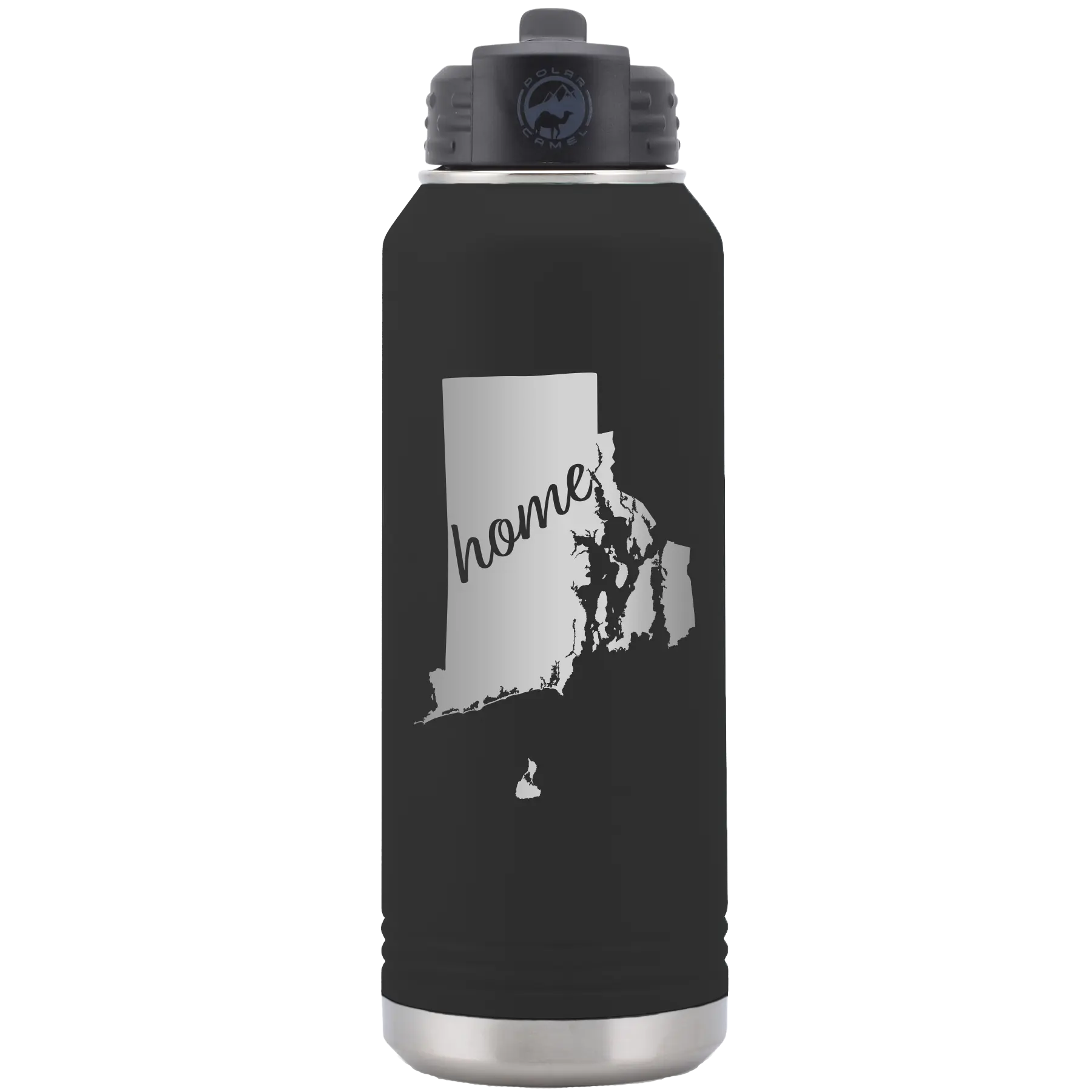 Laser etched black 32 oz vacuum insulated water bottle with 'Rhode Island Home' design