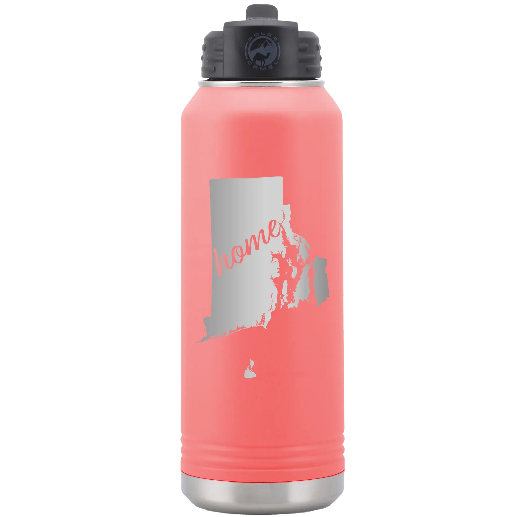 Laser etched coral 32 oz vacuum insulated water bottle with 'Rhode Island Home' design