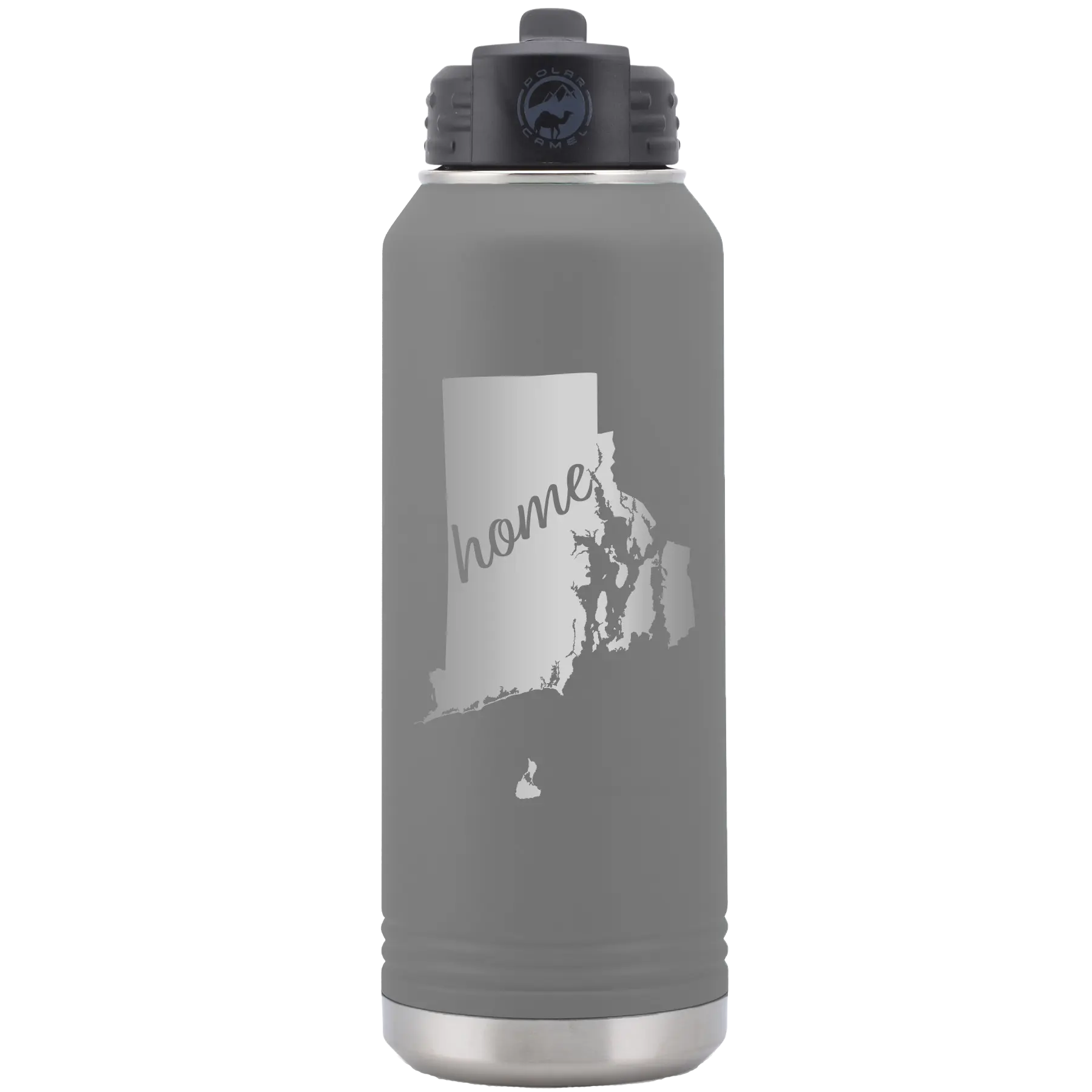 Laser etched dark gray 32 oz vacuum insulated water bottle with 'Rhode Island Home' design