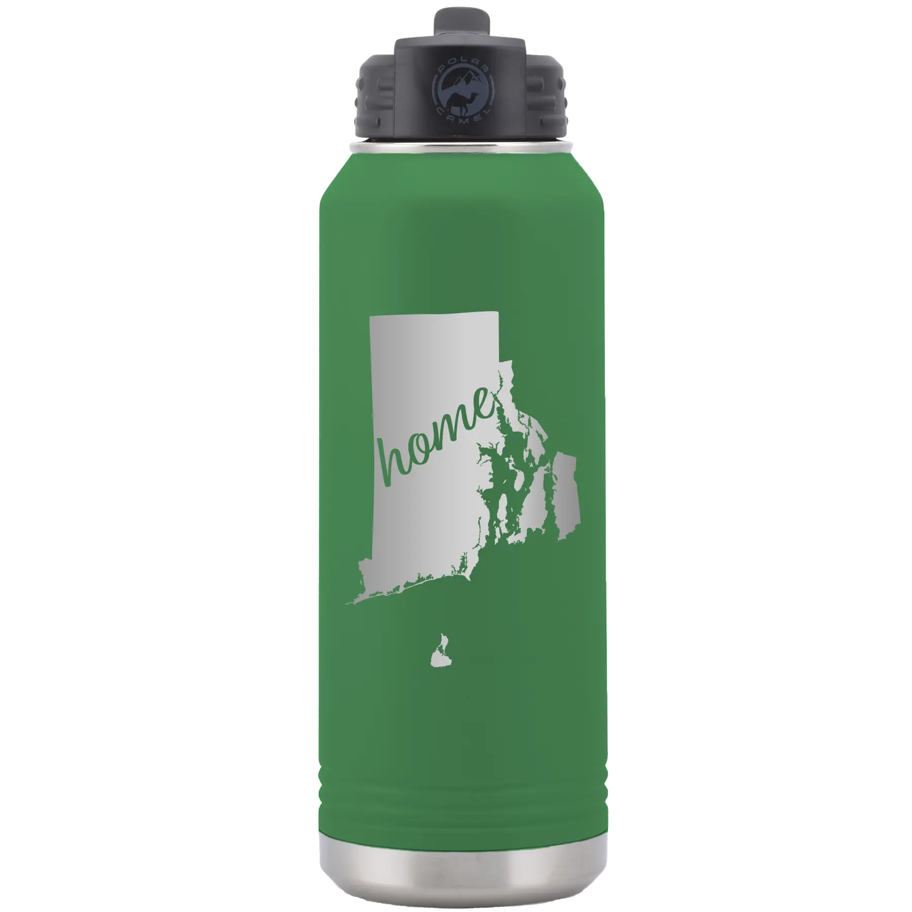 Laser etched green 32 oz vacuum insulated water bottle with 'Rhode Island Home' design