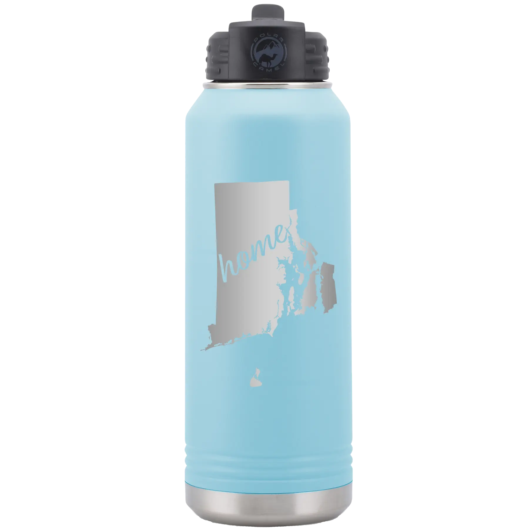 Laser etched light blue 32 oz vacuum insulated water bottle with 'Rhode Island Home' design