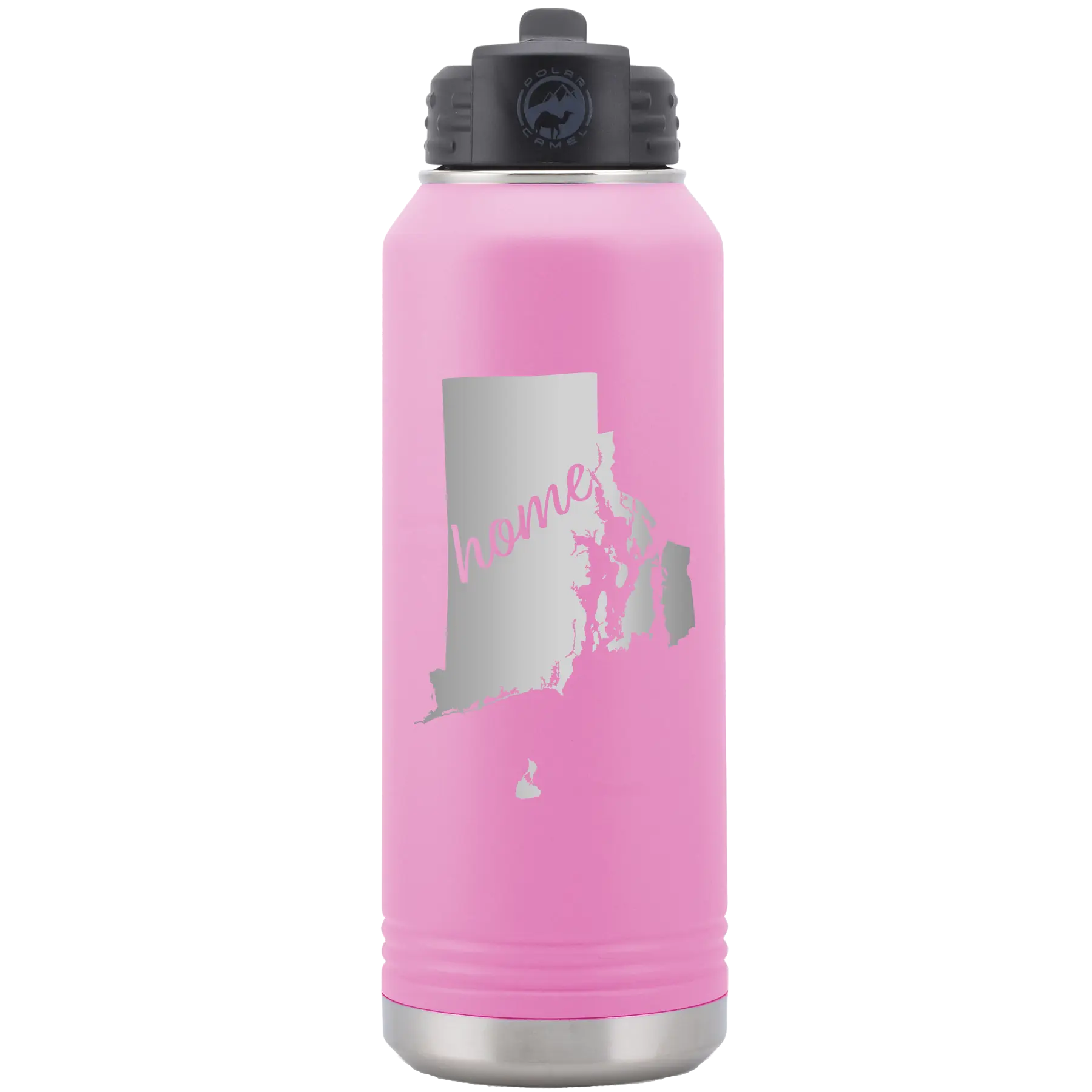 Laser etched light purple 32 oz vacuum insulated water bottle with 'Rhode Island Home' design