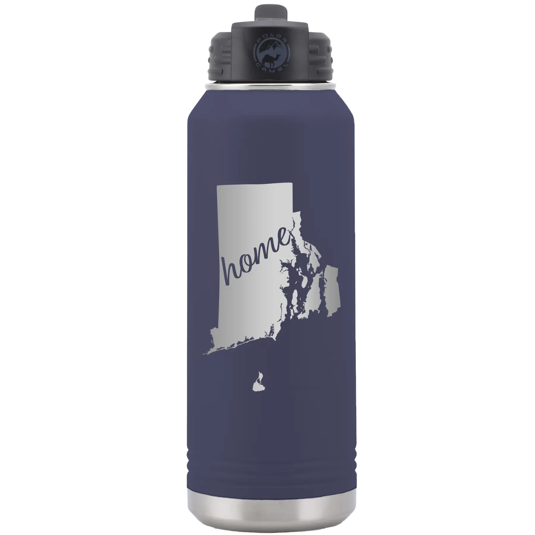 Laser etched navy 32 oz vacuum insulated water bottle with 'Rhode Island Home' design