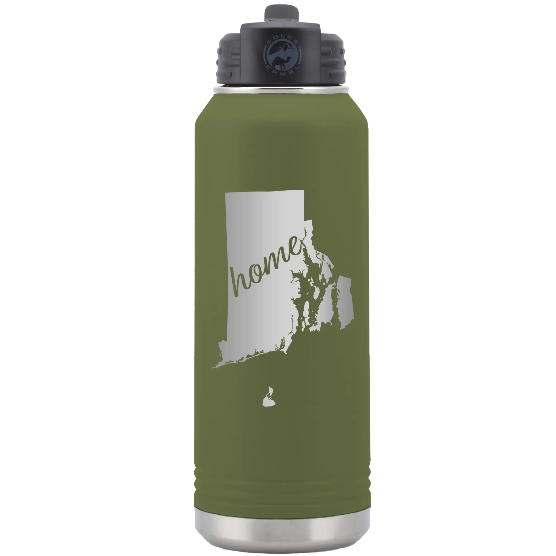 Laser etched olive green 32 oz vacuum insulated water bottle with 'Rhode Island Home' design