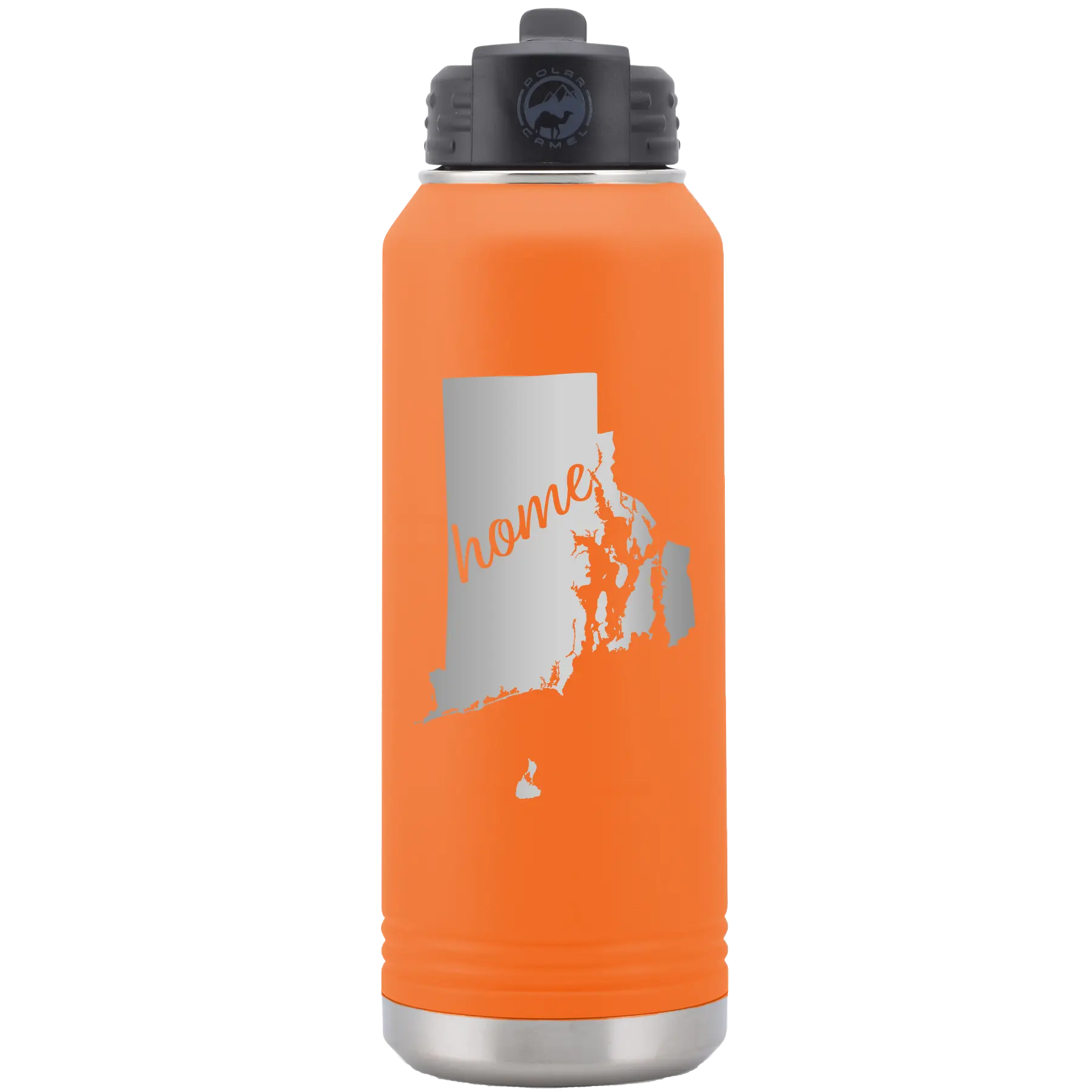 Laser etched orange 32 oz vacuum insulated water bottle with 'Rhode Island Home' design
