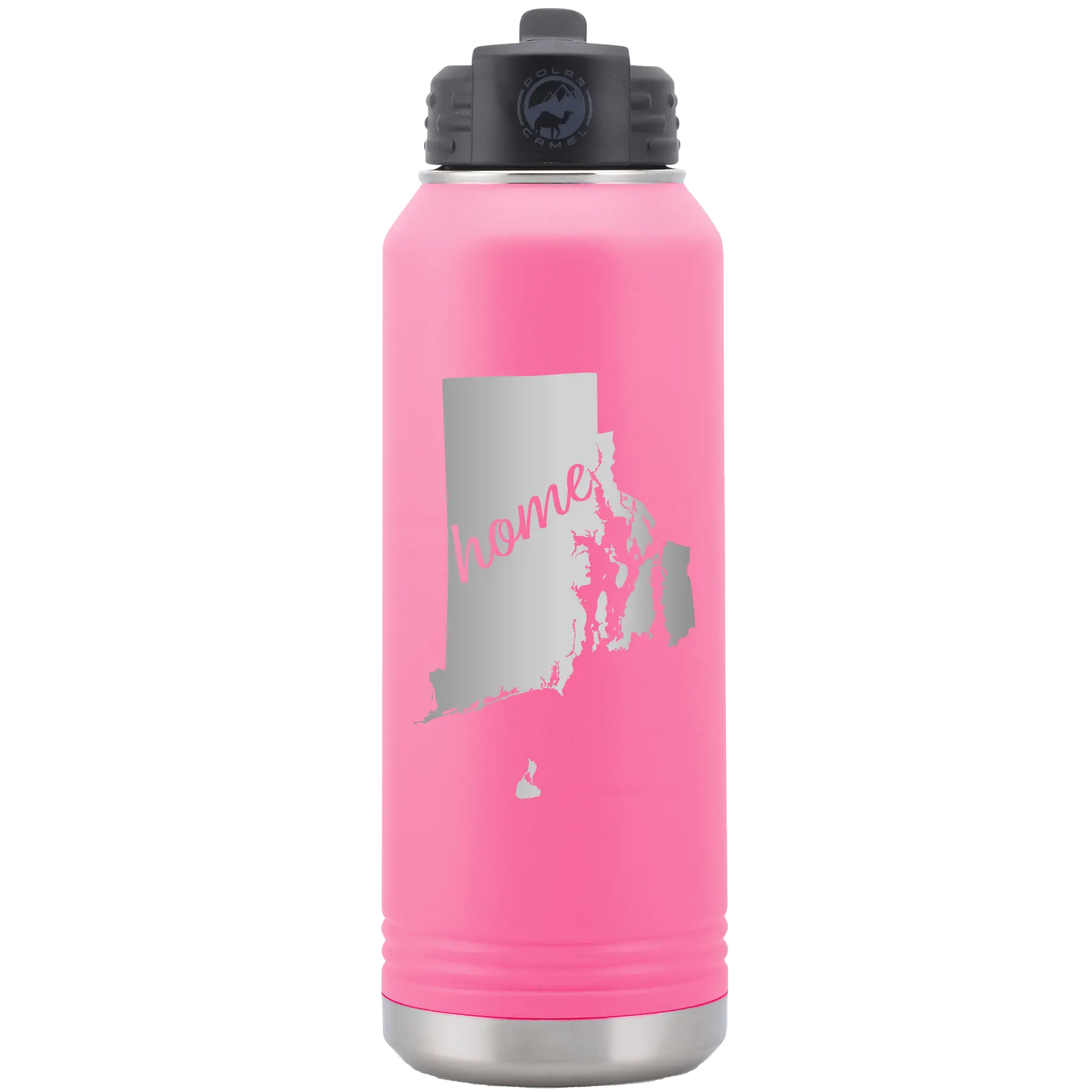 Laser etched pink 32 oz vacuum insulated water bottle with 'Rhode Island Home' design