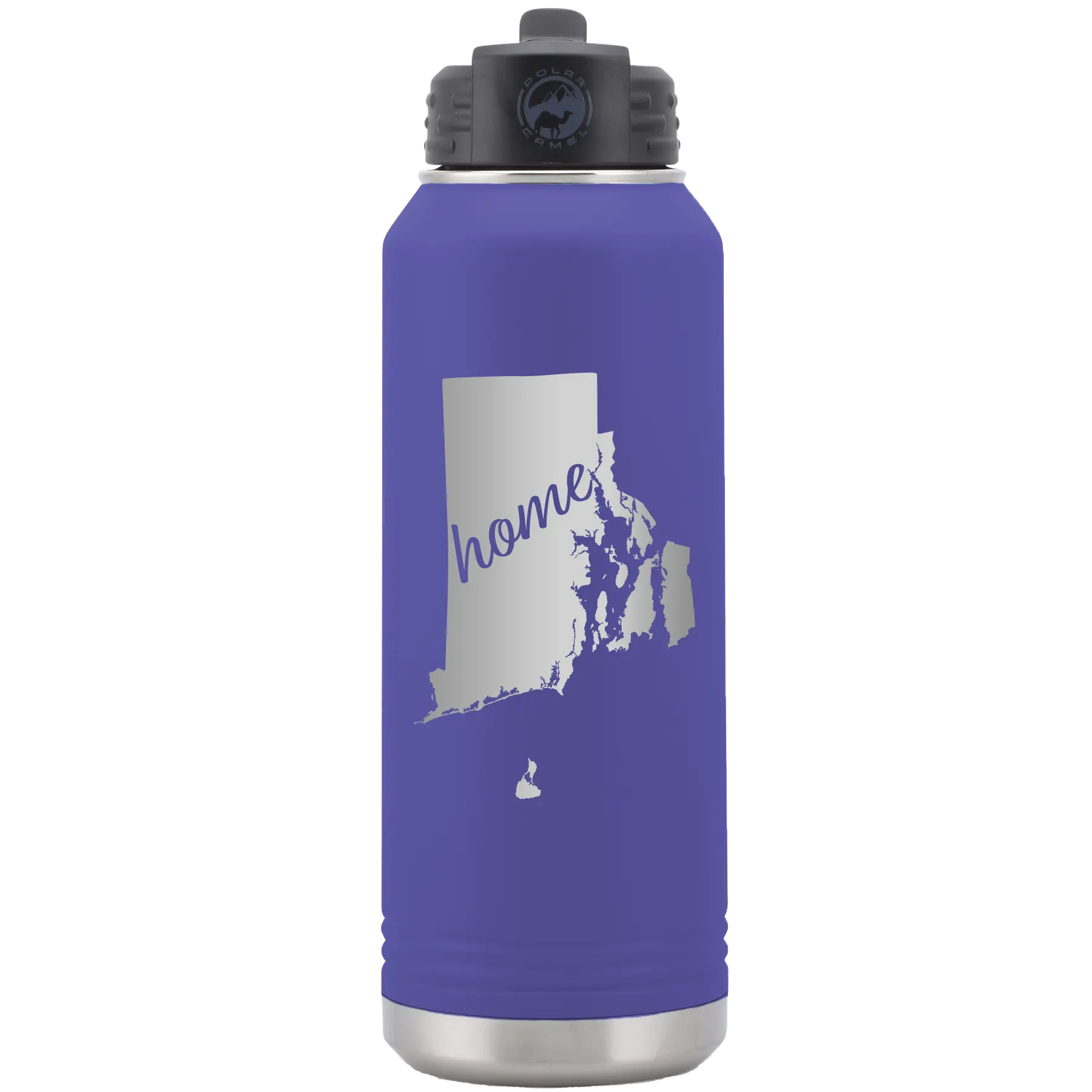Laser etched purple 32 oz vacuum insulated water bottle with 'Rhode Island Home' design