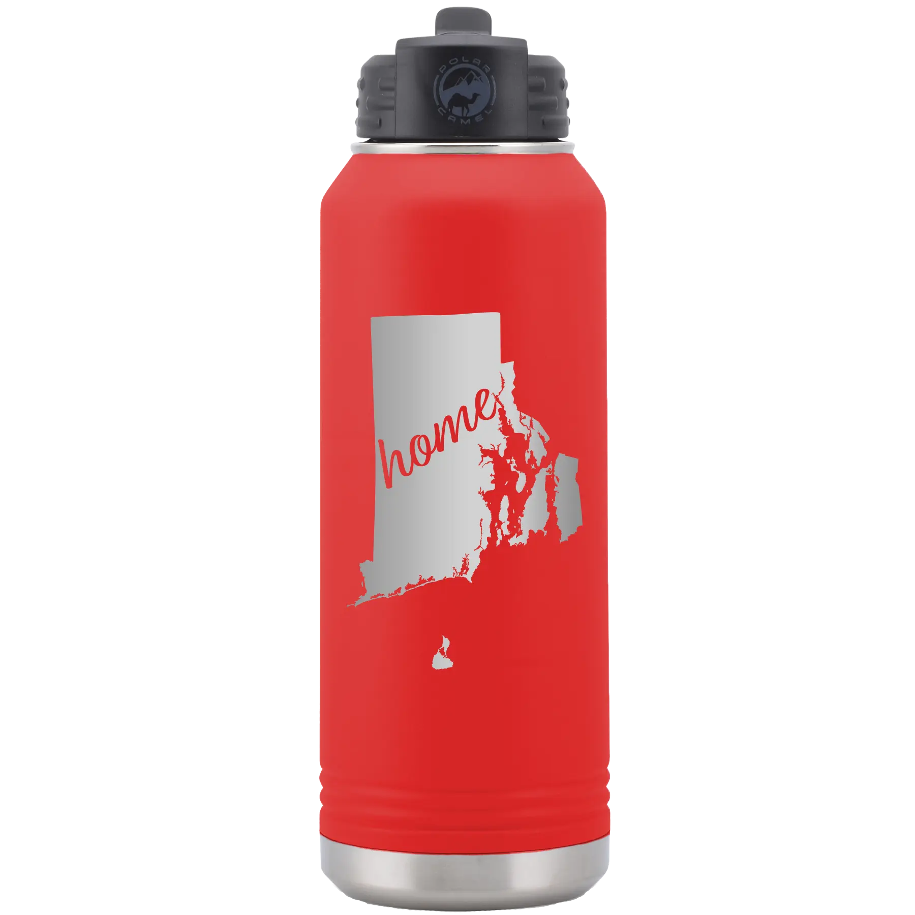 Laser etched red 32 oz vacuum insulated water bottle with 'Rhode Island Home' design
