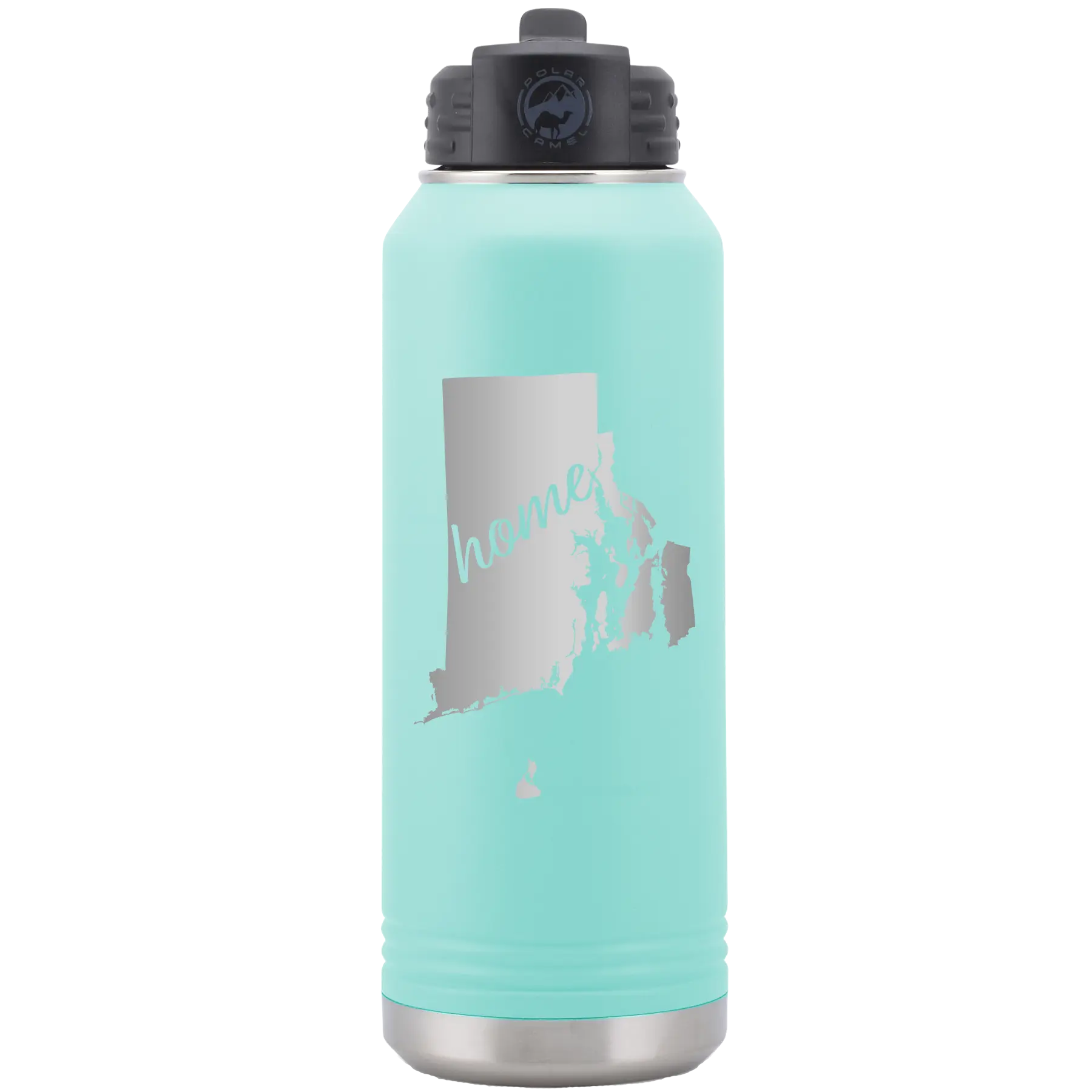 Laser etched teal 32 oz vacuum insulated water bottle with 'Rhode Island Home' design