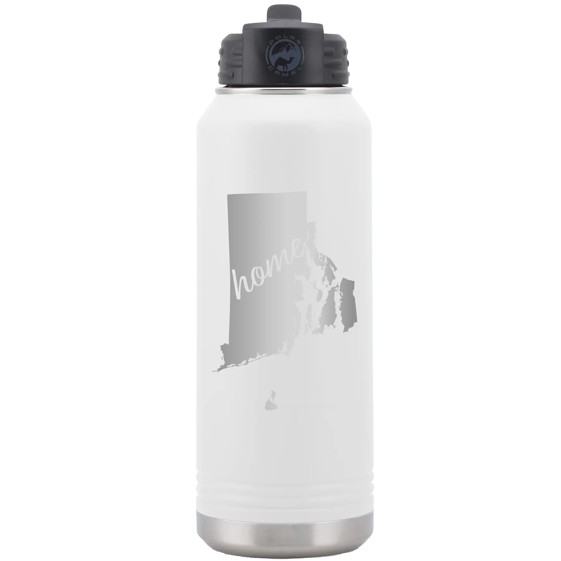 Laser etched white 32 oz vacuum insulated water bottle with 'Rhode Island Home' design
