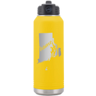 Laser etched yellow 32 oz vacuum insulated water bottle with 'Rhode Island Home' design