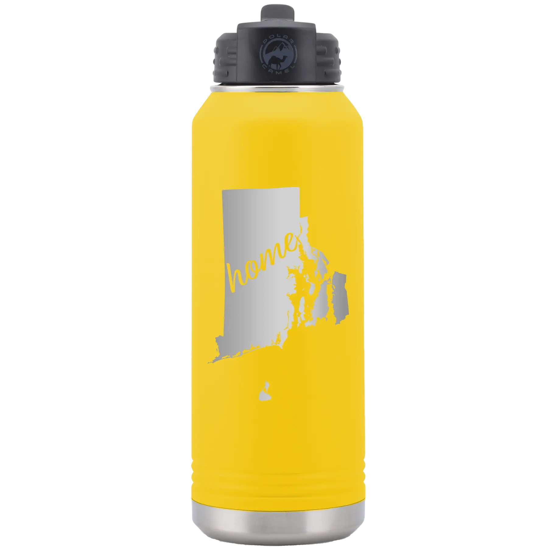 Laser etched yellow 32 oz vacuum insulated water bottle with 'Rhode Island Home' design